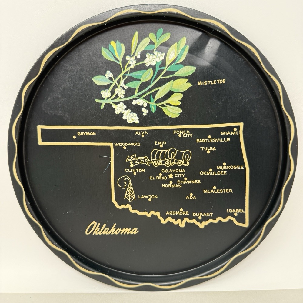 Vintage Oklahoma State Tray MCM Kitschy Barware Graphic Souvenir Decor Platter